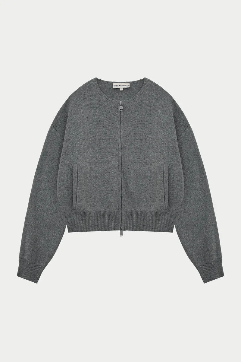 COLLARLESS KNITTED ZIP THROUGH BOMBER - GREY MARL | The Couture Club
