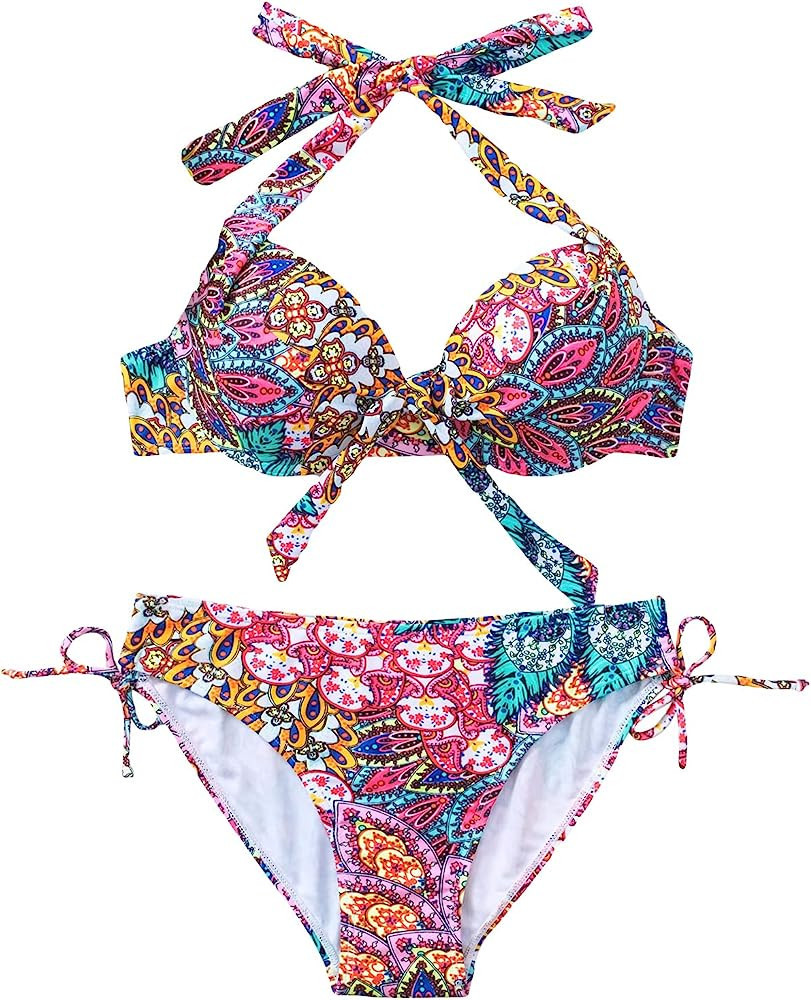 SOLY HUX Bikini Sets for Women Yellow Pink Blue Floral Bikini Floral Bathing Suit Floral Swimsuit | Amazon (US)