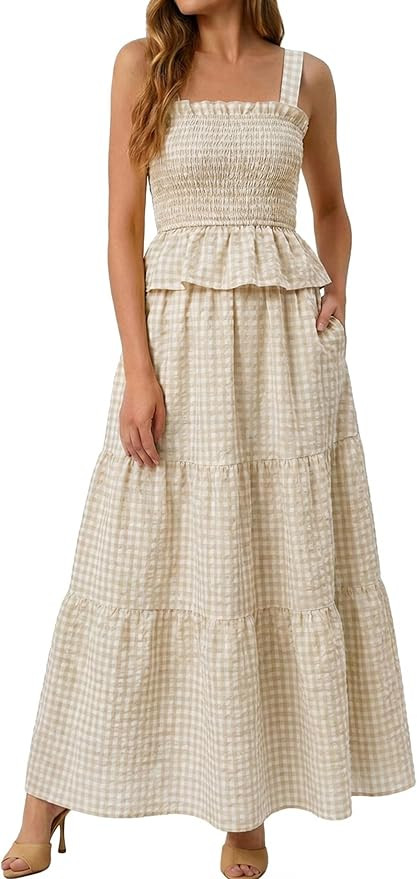 Glamaker Womens 2 Piece Skirt Sets Summer Gingham Plaid Tank Tops Maxi Skirt Casual Travel Vacati... | Amazon (US)