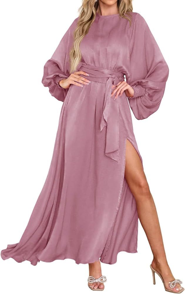 Fisoew Women's Maxi Party Dresses Side Slit Long Sleeve Empire Waist Belted Elegant Satin Prom Dr... | Amazon (US)