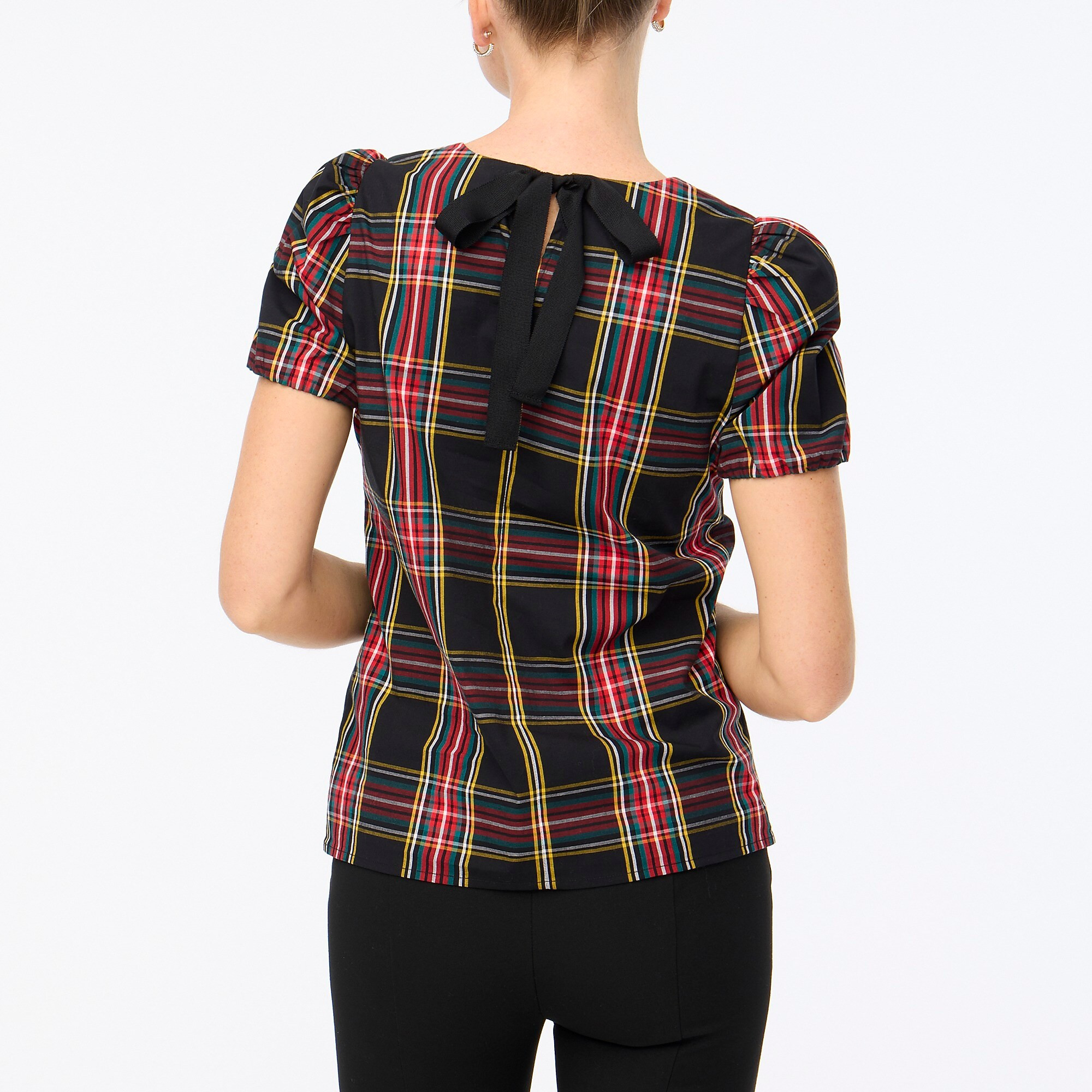 Tartan cotton poplin puff-sleeve top | J.Crew Factory