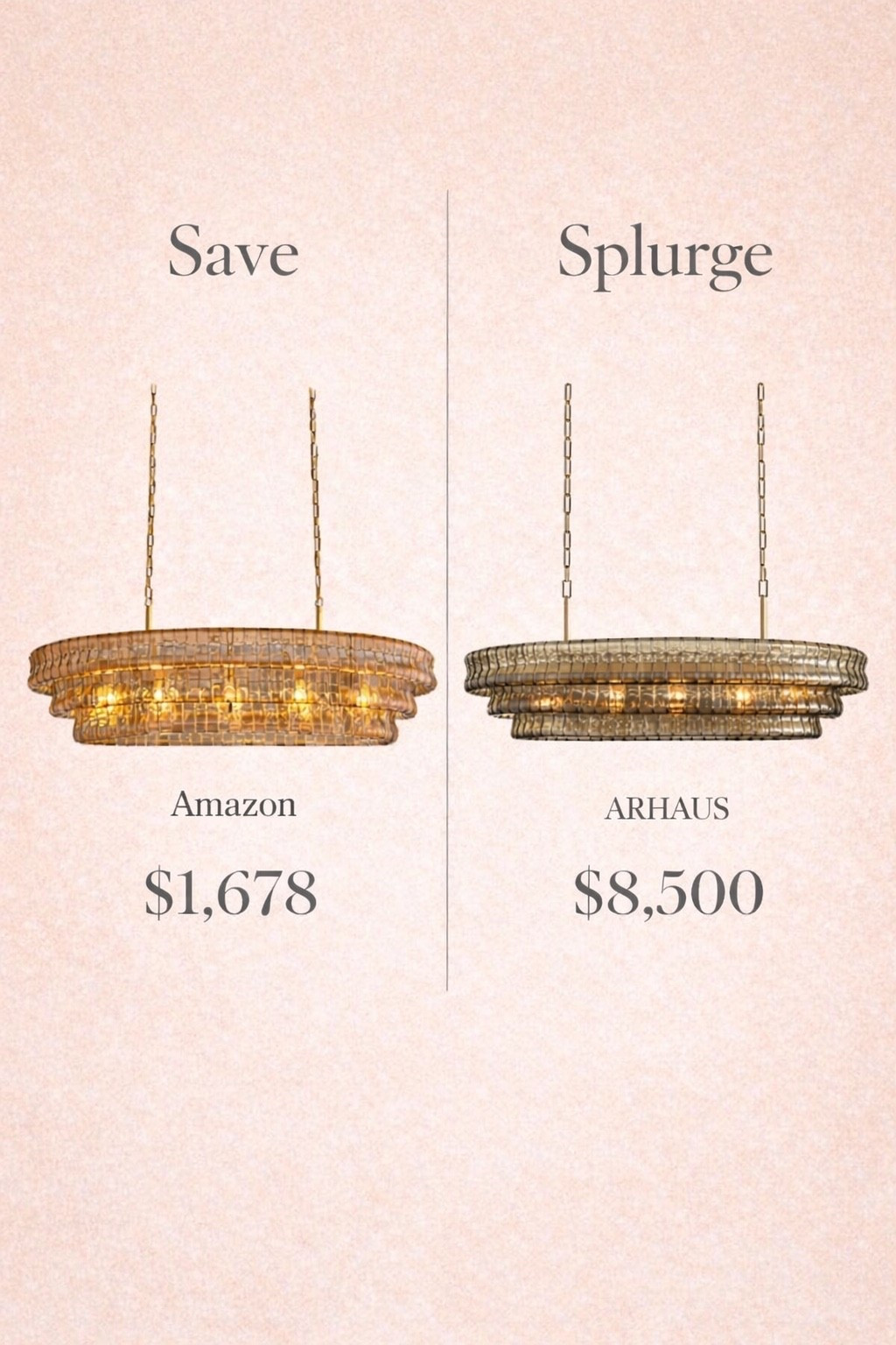 Splurge VS save light fixtures for your home 🤎
Amazon | arhaus | arhaus dupe | lighting | light fixtures | chandelier | linear chandelier | large chandelier | modern organic home | Amazon finds | new build | home decor | interior design | custom build | alabaster | restoration hardware | pottery barn | Wayfair | visual comfort | budget friendly | dining room lighting | living room light | neutral home | neutral decor | home inspo | decor | studio McGee | west elm | crate and barrel |  light dupes | designer 

#LTKHome #LTKmomlife #LTKSpringSale