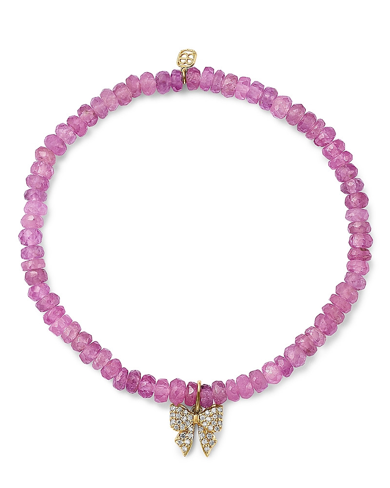 Sydney Evan 14K Yellow Gold Pink Sapphire Rondelle & Diamond Bow Charm Stretch Bracelet | Bloomingdale's (US)