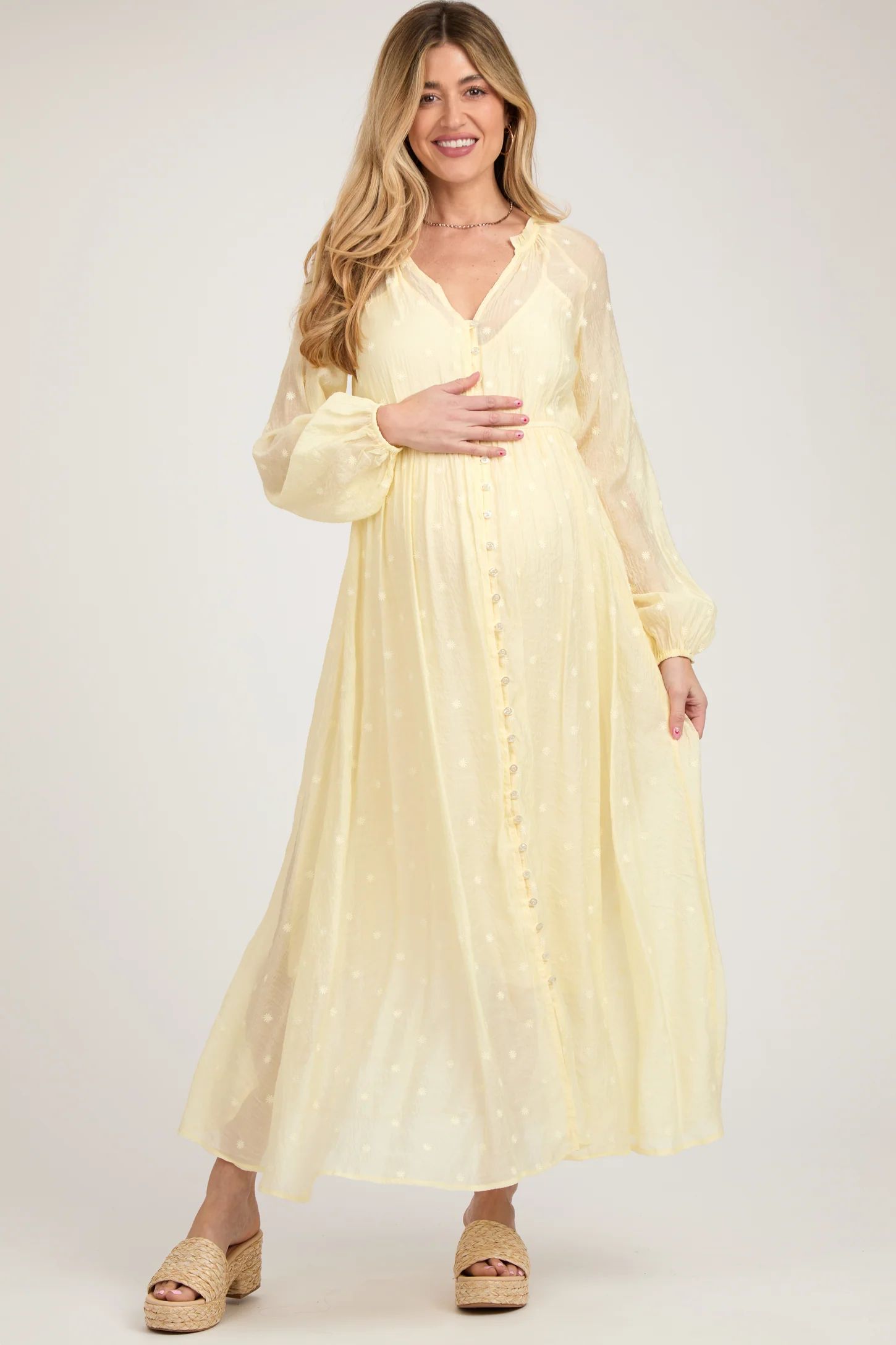 Yellow Embroidered Maternity Button Down Maxi Dress | PinkBlush Maternity
