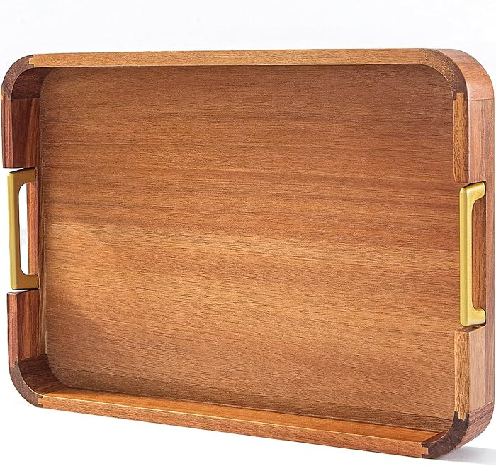 Acacia Wood Serving Tray with Metal Handles, 17x12in Food Drinks Tray for Coffee Table, Breakfast... | Amazon (US)