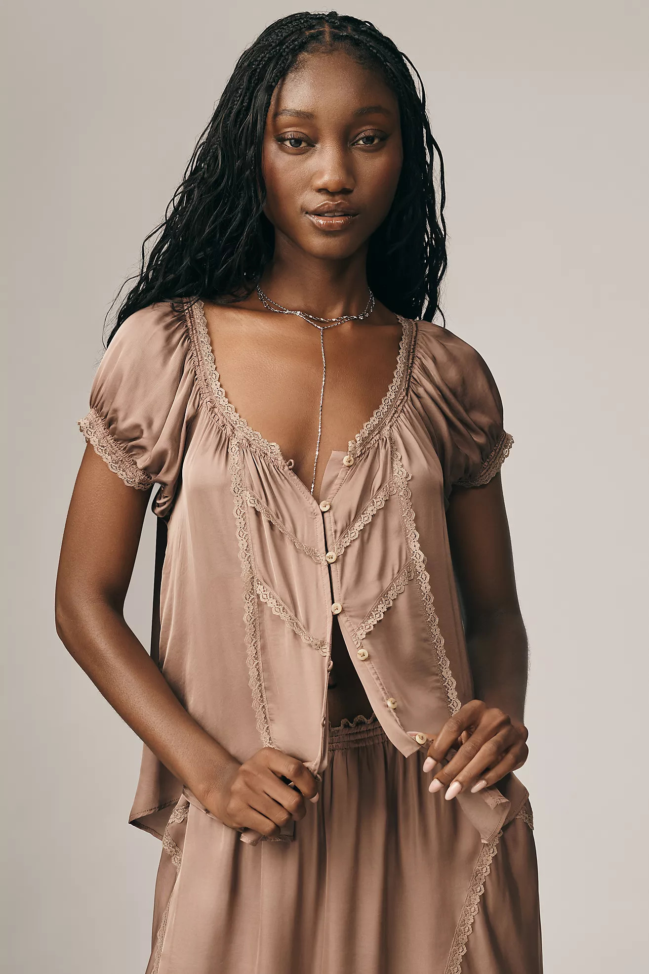 By Anthropologie Short-Sleeve Silky Peasant Top | Anthropologie (US)