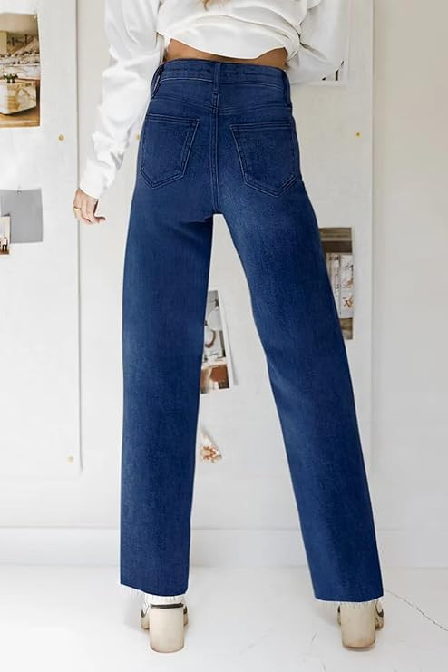 KDF Straight Leg Jeans for Women High Waisted Jeans Frayed Baggy Pants Raw Hem Loose Stretchy Cro... | Amazon (US)