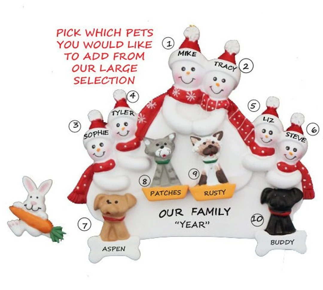 Personalized Snow Family of 6 Ornament with 4 Pets - Snow Family of 6 Christmas Ornament with 4 D... | Etsy (US)