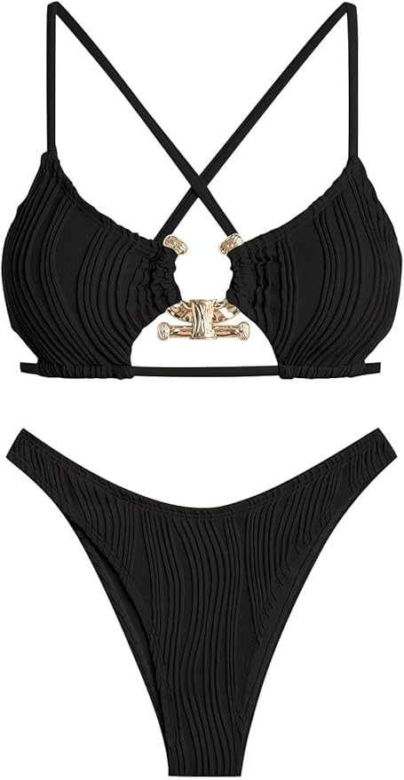 ZAFUL Women's Cutout Bikini Criss Cross Textured Metal High Leg Bikini Sets Cheeky Bikini Two Pie... | Amazon (US)