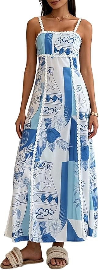 UAURORAO Women Boho Maxi Dress Smocked Wedding Guest Long Flowy Dresses Spaghetti Strap Floral Ru... | Amazon (US)