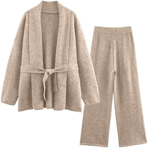 Women's 2 Piece Outfit Long Sleeve Belted Knit Cardigan Sweaters Elastic Waist Wide Leg Pants Cas... | Amazon (US)