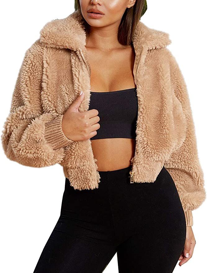 FANCYINN Womens Teddy Cropped Faux Fur Jacket Furry Lapel Coat Zip Up with Pockets Warm Winter | Amazon (US)