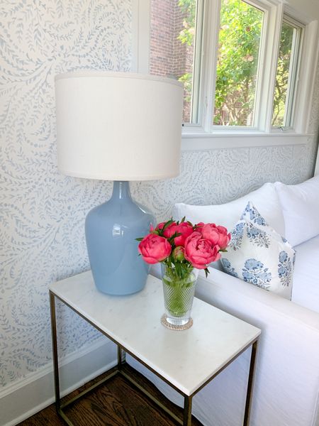 Living room home decor, blue lamp, side table, white couch 

#LTKhome