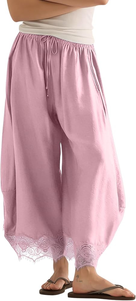 PUWEI Women's Cropped Lace-Hem Pants High Waisted Drawstring Wide Leg Pants Casual Lightweight Tr... | Amazon (US)