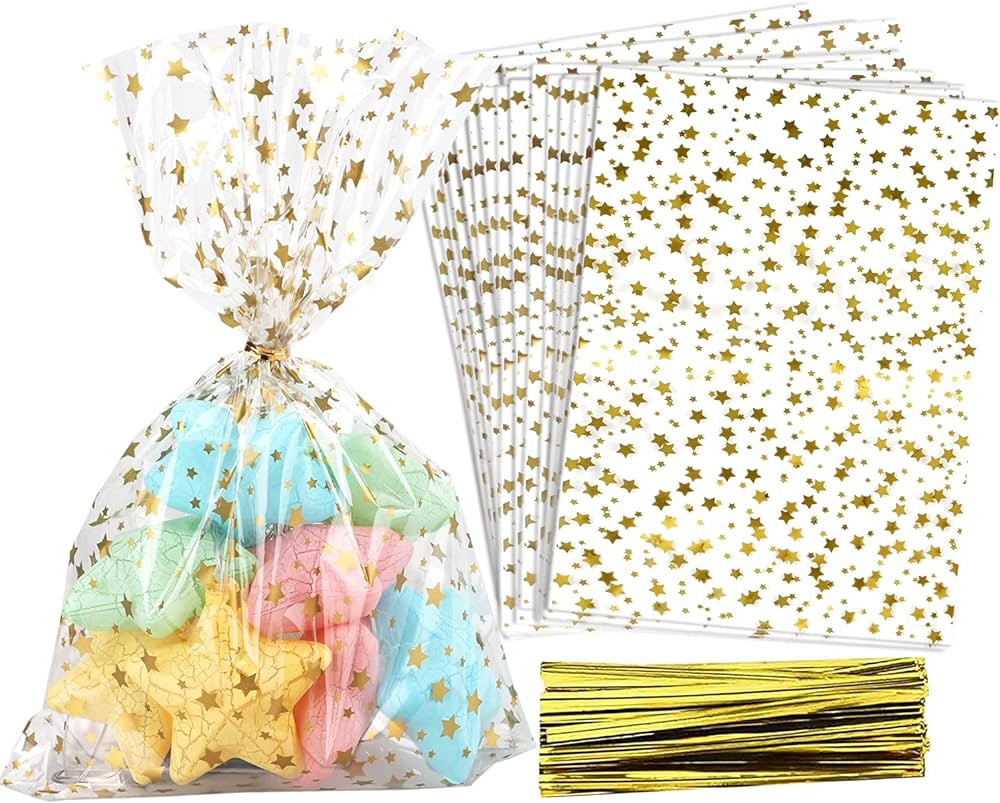 100 Pcs Star Printed 5"X 7" Gift Wrap Cello Cellophane Treat Bags Party Favor bags Clear Candy Co... | Amazon (US)