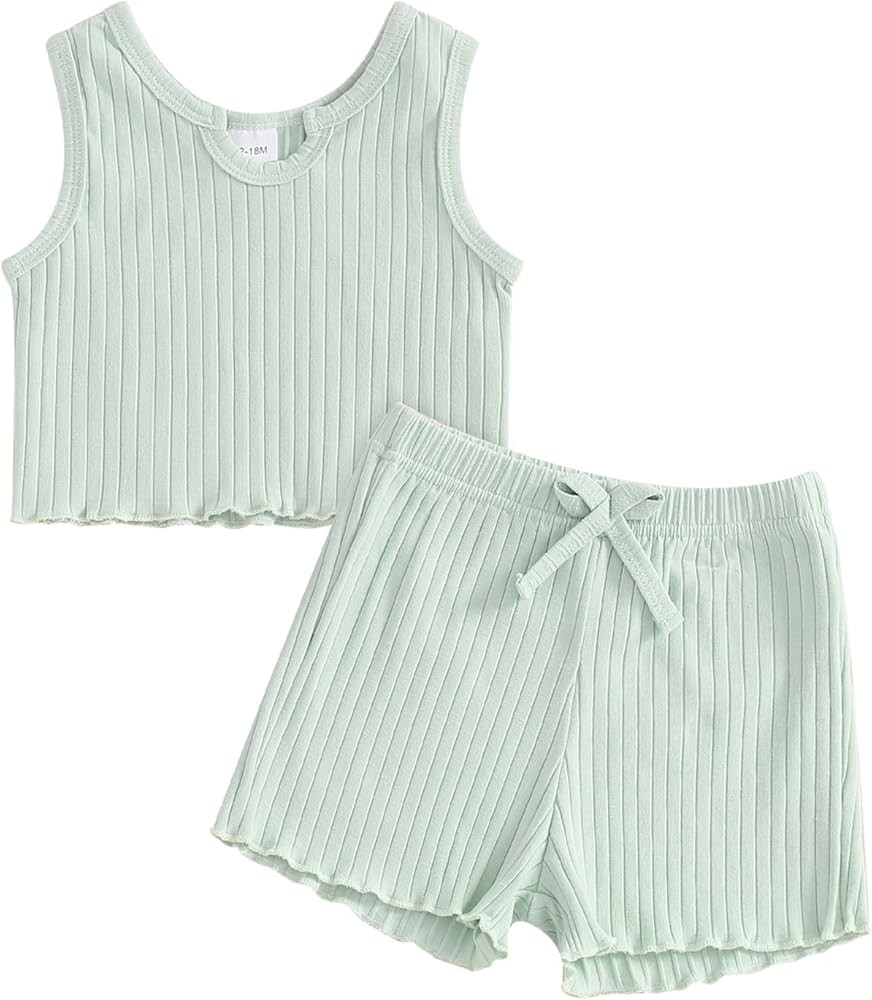 Kupretty Baby Girl Clothes Summer Toddler Outfit Solid Rib Knit Ruffle Vest Tank Tops & Shorts Cu... | Amazon (US)