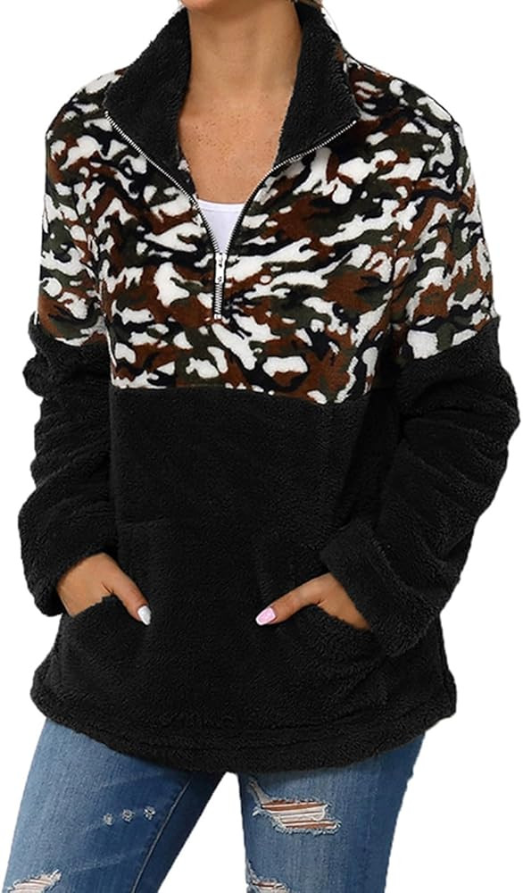 Women's Half Zip Sherpa Fleece Pullover,Leopard Print Oversized Sweatshirt, Warm Fuzzy with Pocke... | Amazon (US)