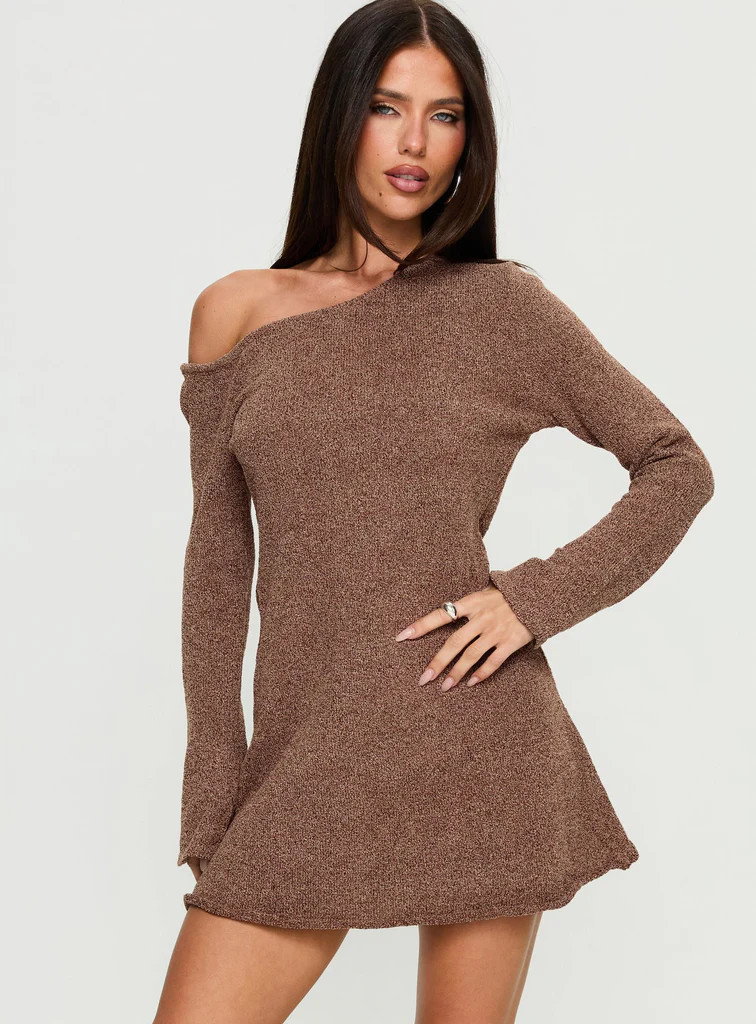 Jaede Off Shoulder Knit Mini Dress Mocha | Princess Polly US