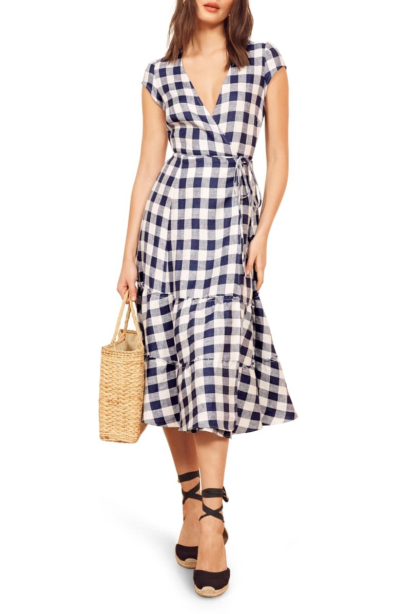 Calista Gingham Linen Midi Wrap Dress | Nordstrom
