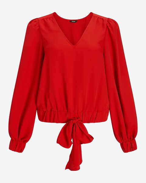 V-Neck Balloon Sleeve Tie Waist Top | Express