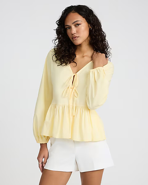 Tie Front Long Sleeve Peplum Top | Express