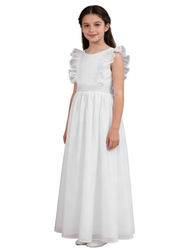 Abaowedding Fancy Chiffon Flutter Sleeves Flower Girl Dress White First Communion Gown with White Sash (Size 8,All White) | Amazon (US)