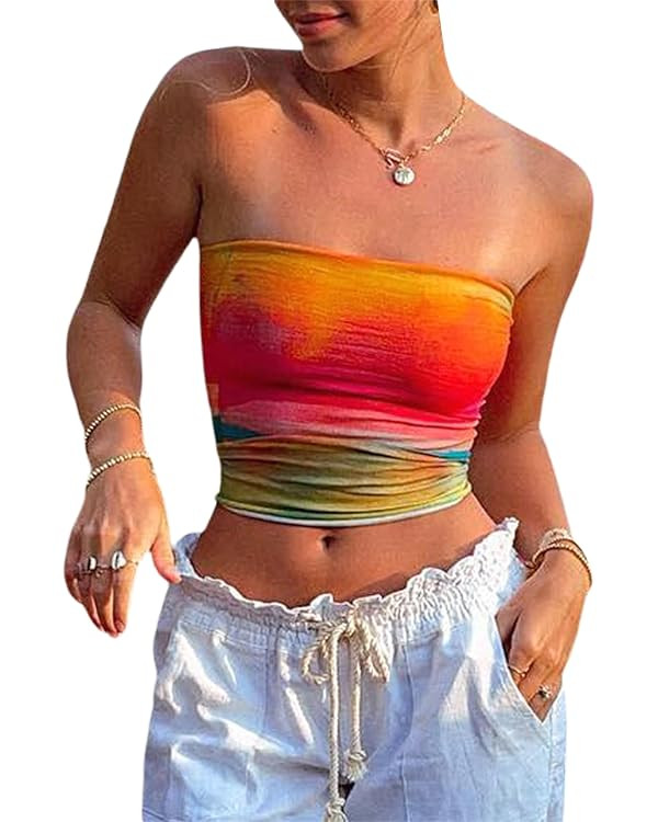 Y2k Tube Tops Women Sexy Strapless Sleeveless Vintage Floral Print Crop Tank Aesthetic Backless G... | Amazon (US)
