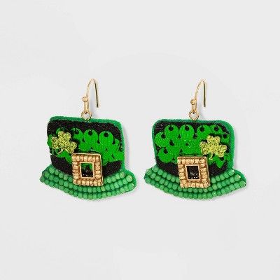 Sequin and Seed Bead Leprechaun Hat Drop Earrings-Assorted Greens | Target
