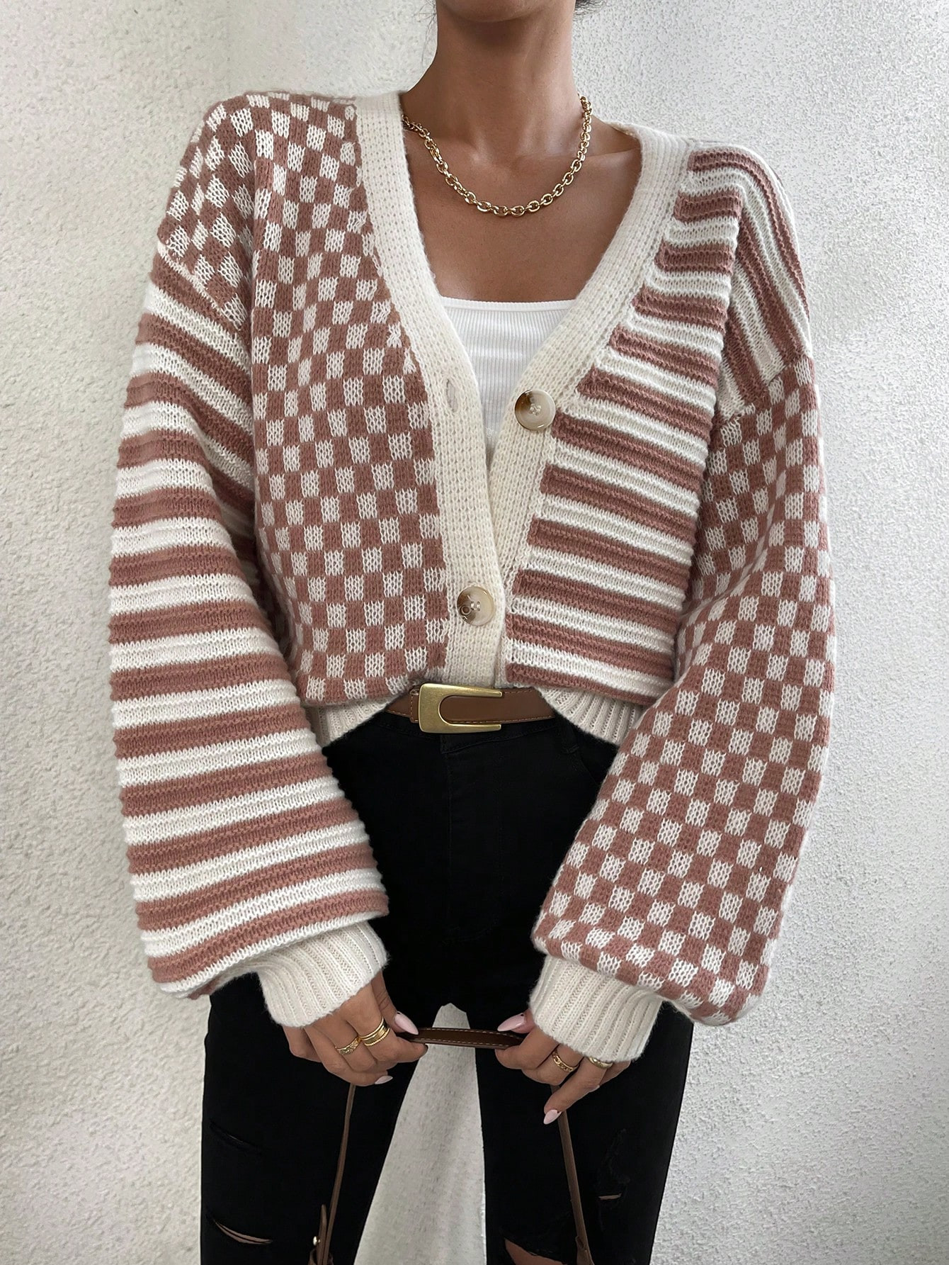 SHEIN Relaxiva Checker Pattern Drop Shoulder Cardigan | SHEIN USA | SHEIN