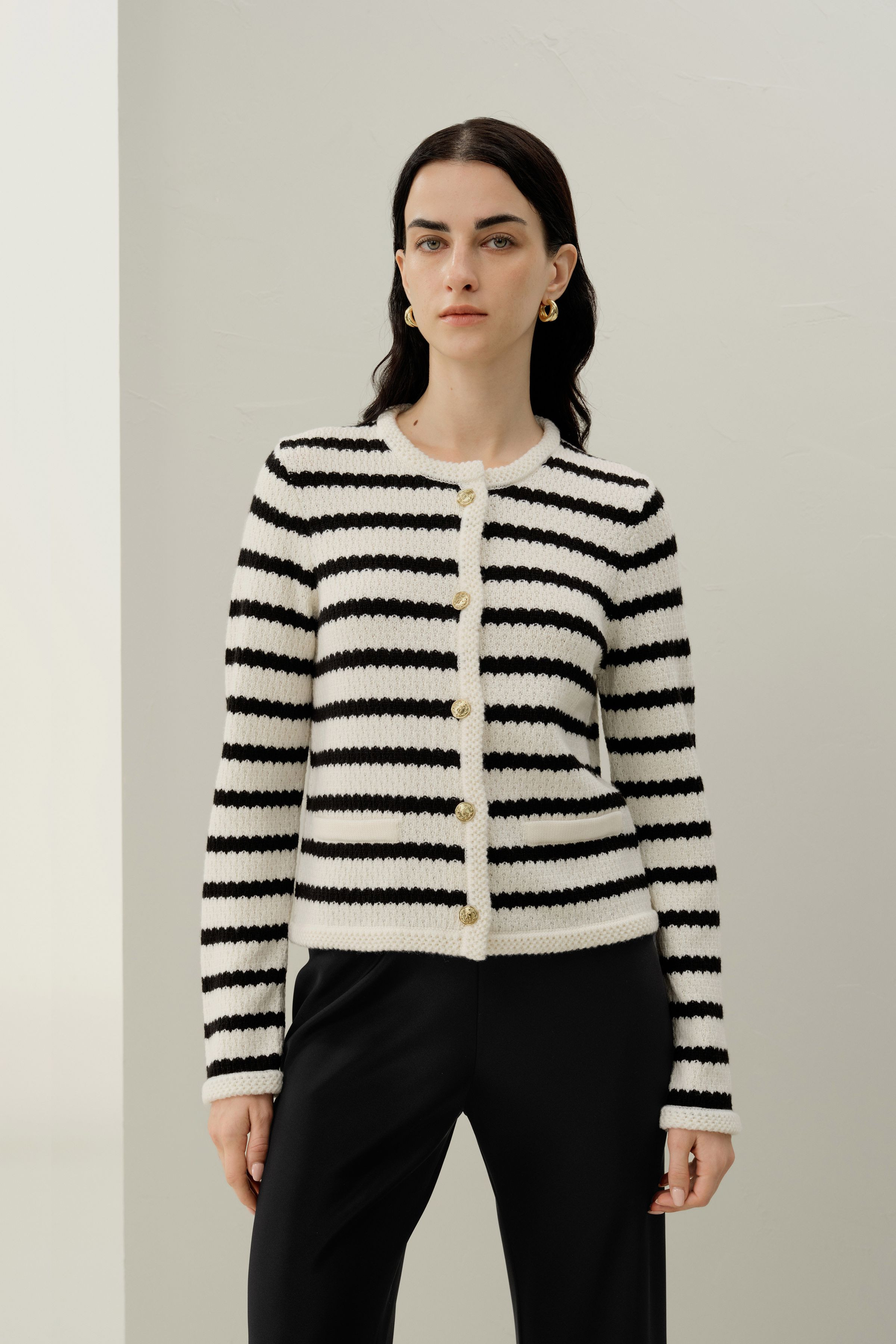 Striped Crochet Wool Cardigan | LILYSILK