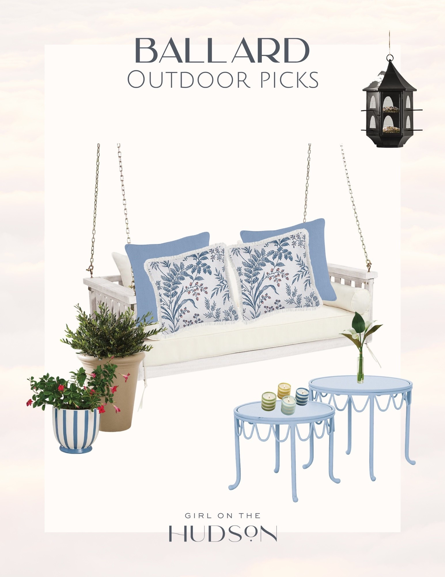 These Ballard Designs outdoor pieces are such a fun way to bring a polished but relaxed feel to a patio or porch. The swing creates a cozy focal point, while the blue accent tables and patterned pillows add just the right amount of color and detail. It’s an easy mix that feels classic with a little personality layered in.

ballard designs outdoor, outdoor porch swing, patio seating ideas, blue outdoor decor, outdoor accent tables, patterned outdoor pillows, coastal outdoor style, porch styling ideas, outdoor entertaining space, classic patio furniture, ballard designs favorites girlonthehudson

#LTKSeasonal #LTKHome