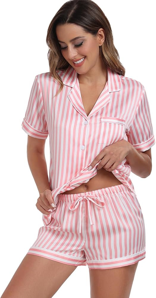 Serenedelicacy Women's Satin Pajama Set 2-Piece Sleepwear Loungewear Button Down Short Sleeve PJ ... | Amazon (US)