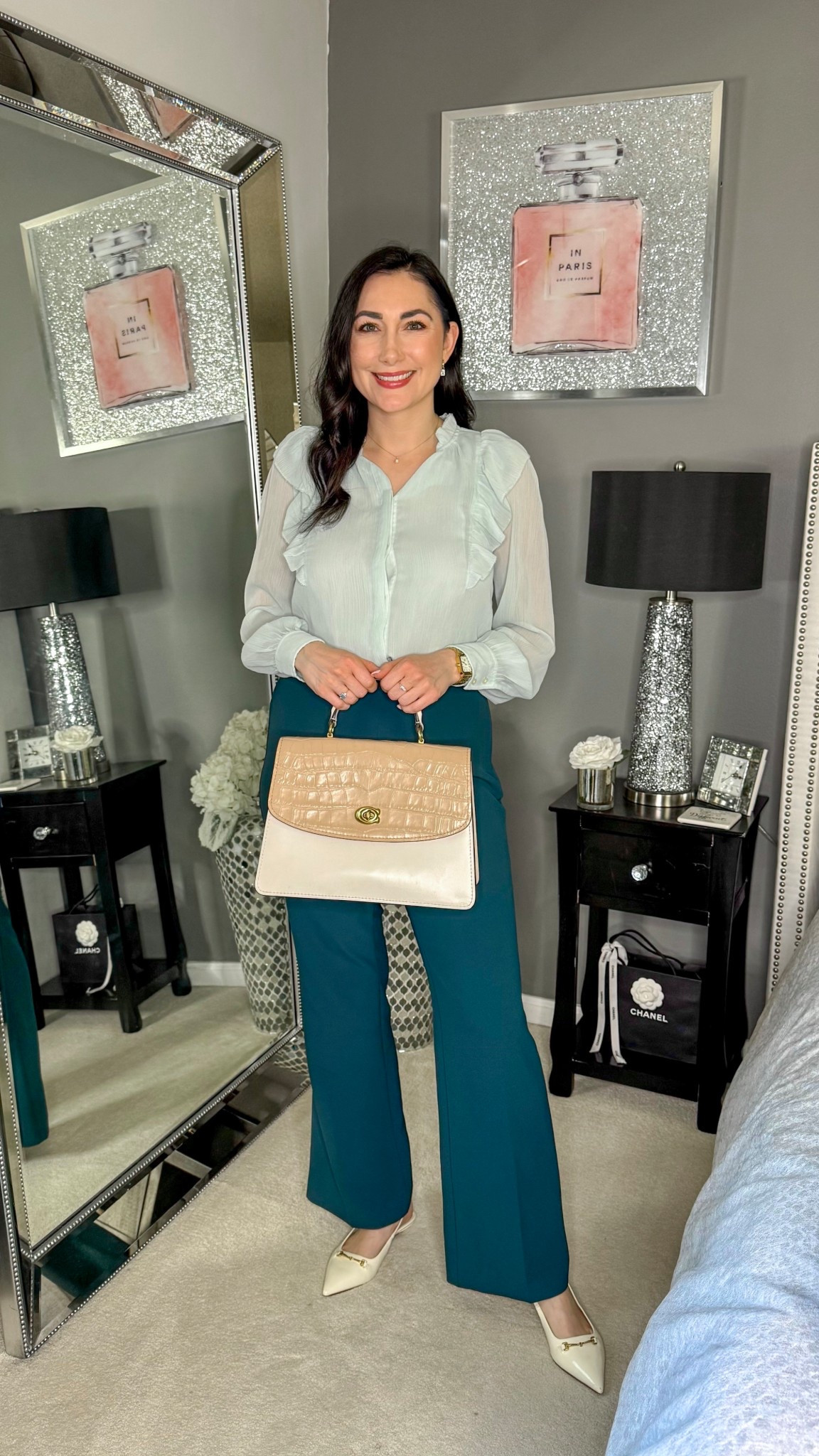 Monochromatic business casual work outfit 💚

Light green blouse 
Teal green pants 
White pointed toe sling backs 

Work wear 
Office outfit
Office style 


#LTKSeasonal #LTKWorkwear