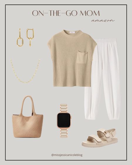 On the go mom outfit, comfy mom look from Amazon, lounge set, gold jewelry, tote bag, Apple Watch band, sandals 

#LTKStyleTip #LTKFindsUnder50
