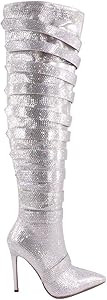 Women's Over Knee High Heel Boots Pointed Toe Rhinestone Stiletto Heel Flap Back Zipper Sexy Party B | Amazon (US)