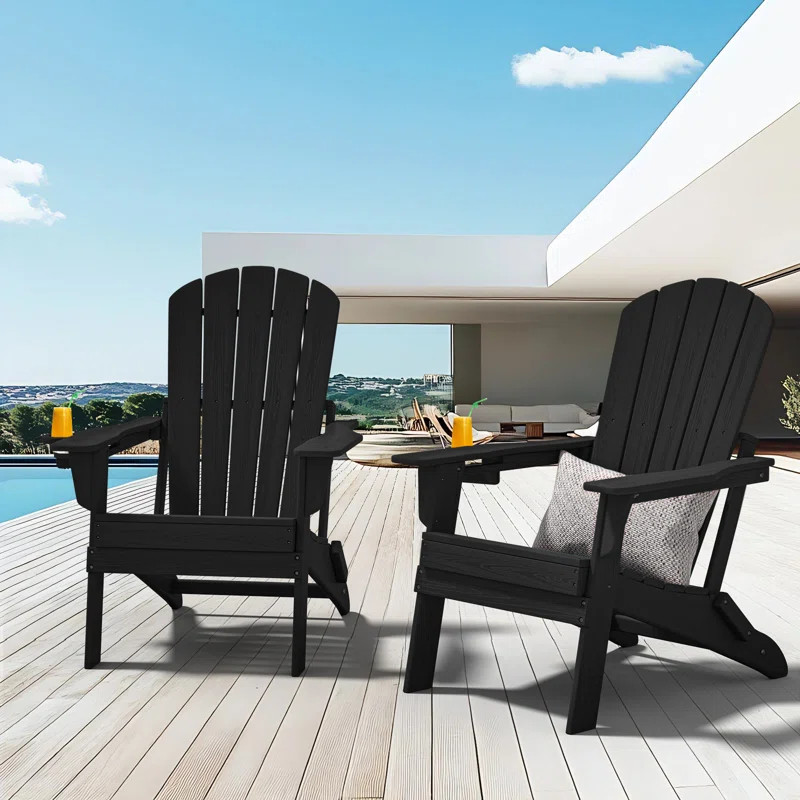 Set of 2 Folding Adirondack Chairs, Wood Texture, Cup Holder, All-Weather HDPE, Black | Wayfair North America