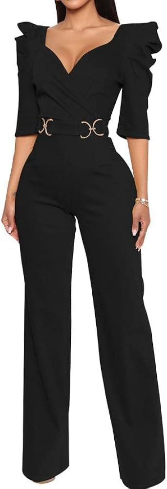 DinyIn Sexy Deep V Neck Long Wide Leg Pant for Women Casual Solid Jumpsuits Plus Size Romper with... | Amazon (US)