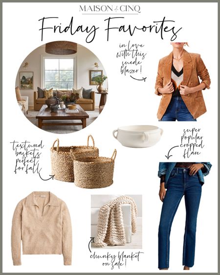So many great finds for Friday Favorites today, like a super chic suede blazer perfect for fall, cutest cropped flare jeans, fall sweaters, fall decor and more!

#falloutfit #homedecor #baskets #throwblanket #fallblazer 

#LTKSeasonal #LTKover40 #LTKhome