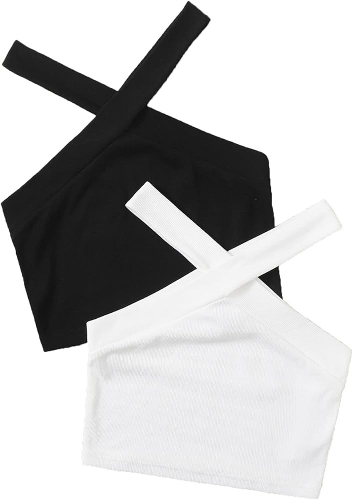 Romwe Women's 2 Pack Camisole Ribbed Criss Cross Solid Halter Crop Tops | Amazon (US)