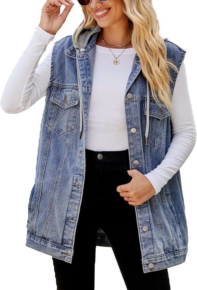 PAODIKUAI Women's Oversized Denim Vest Mid Long Jean Vest Sleeveless Jackets Distressed Vest Cott... | Amazon (US)