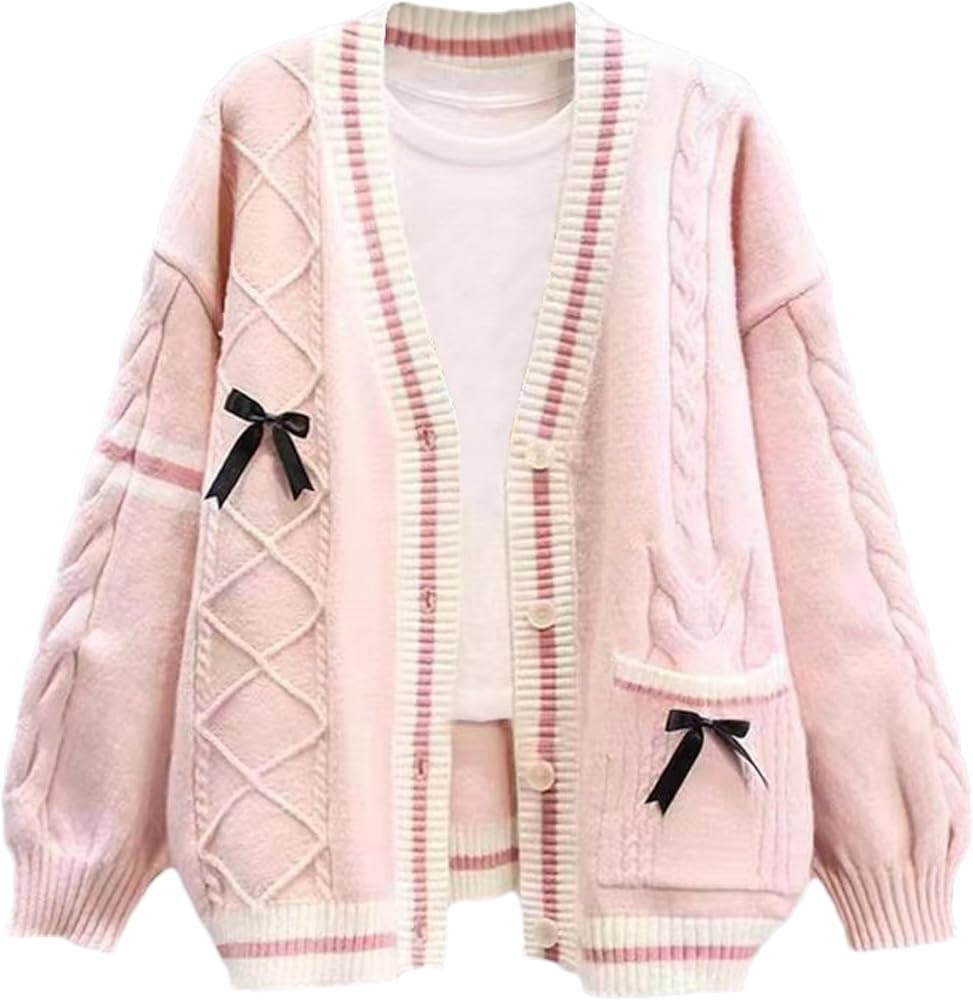 Womens Cute Sweet Cardigan Sweater Long Sleeve V-Neck Bowknot JK School Uniform Cardigans Knitted... | Amazon (US)