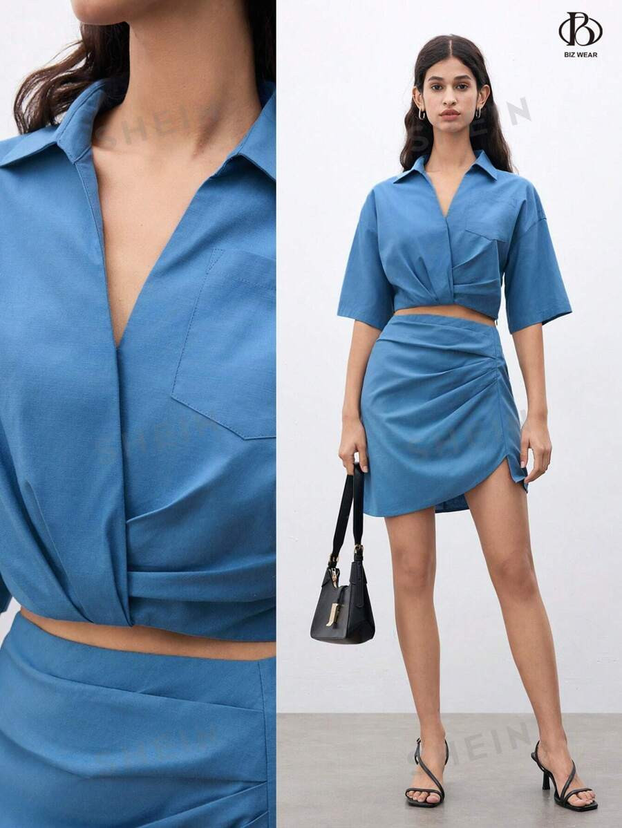 SHEIN Unity Summer Short Sleeve Top With Attached Pocket And Printed Skirt, Casual And Commute St... | SHEIN