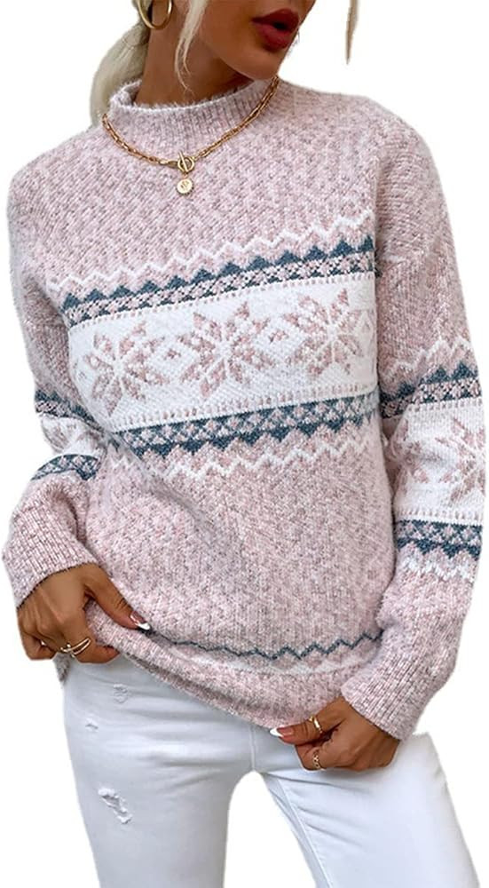 Women's 2025 Fall Winter Tops Christmas Snowflakes Half Turtleneck Knitted Pullover Sweater Holid... | Amazon (US)
