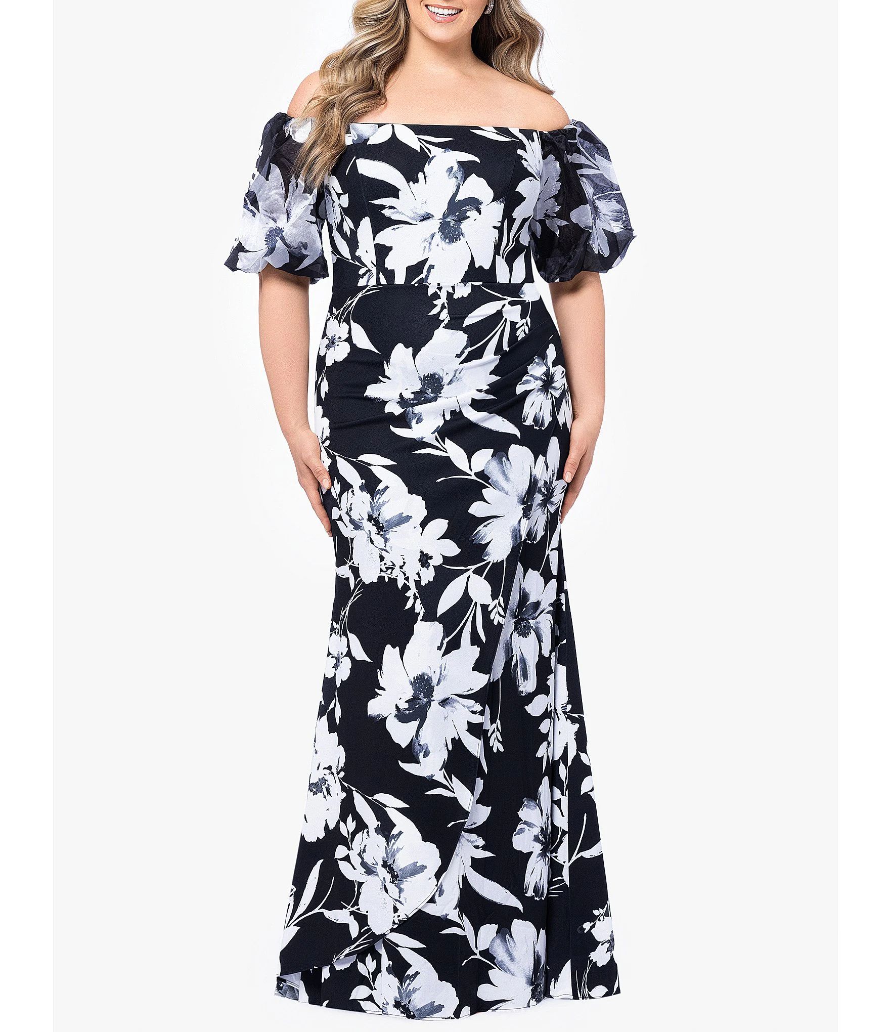 Plus Size Scuba Crepe Short Sleeve Off-The-Shoulder Floral Gown | Dillard's