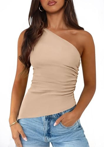 PRETTYGARDEN Womens 2025 Summer Y2K Tops Sleeveless One Shoulder Slim Fit Shirts Ruched Knit Asym... | Amazon (US)