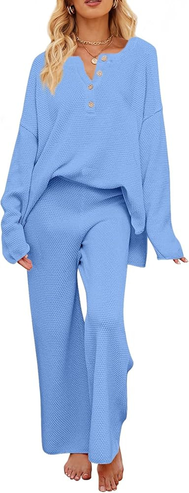MEROKEETY Women's 2 Piece Outfit Sets Long Sleeve Button Knit Pullover Sweater and Pants Lounge S... | Amazon (US)