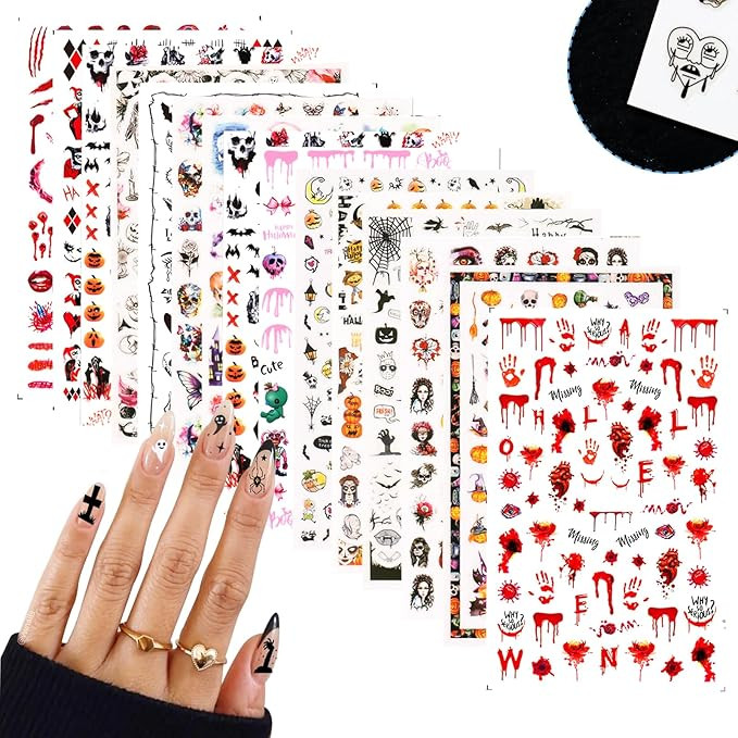 SIUSIO 15 Sheets Halloween Nail Art Stickers Cute Pumpkin Skull Ghost Party Theme 3D Self-Adhesiv... | Amazon (US)