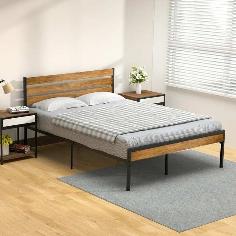 Zstar Metal Bed Frame with Wood Brown Headboard, Queen Size Platform Bed Frame for Adult - Walmar... | Walmart (US)