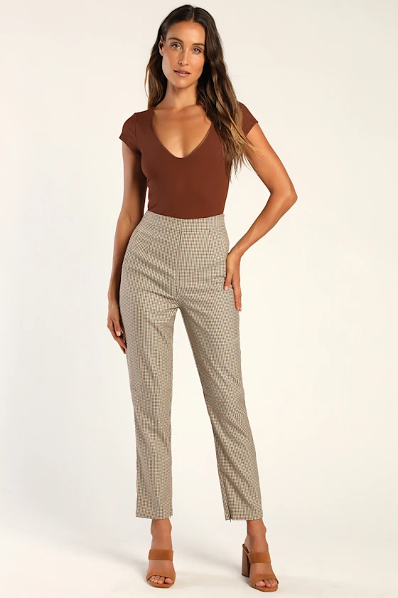 She's All Plaid Beige and Brown Plaid Straight Leg Pants | Lulus (US)