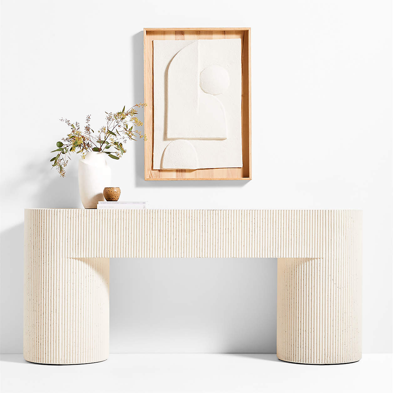 Kahn Cream Ribbed Concrete and Oak Wood 72" Console Table + Reviews | Crate & Barrel | Crate & Barrel